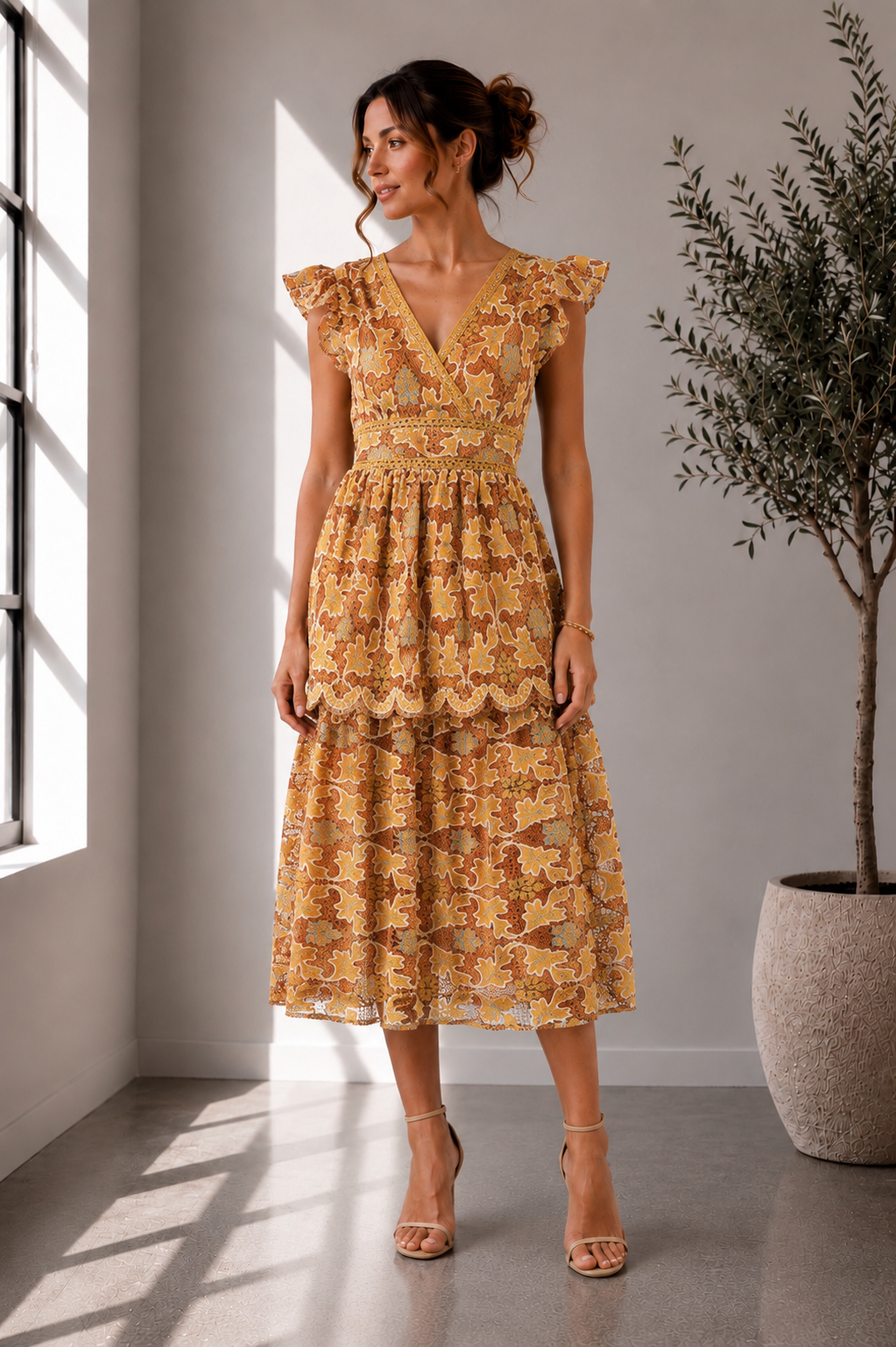 Golden Harvest Tiered Crochet Maxi Dress