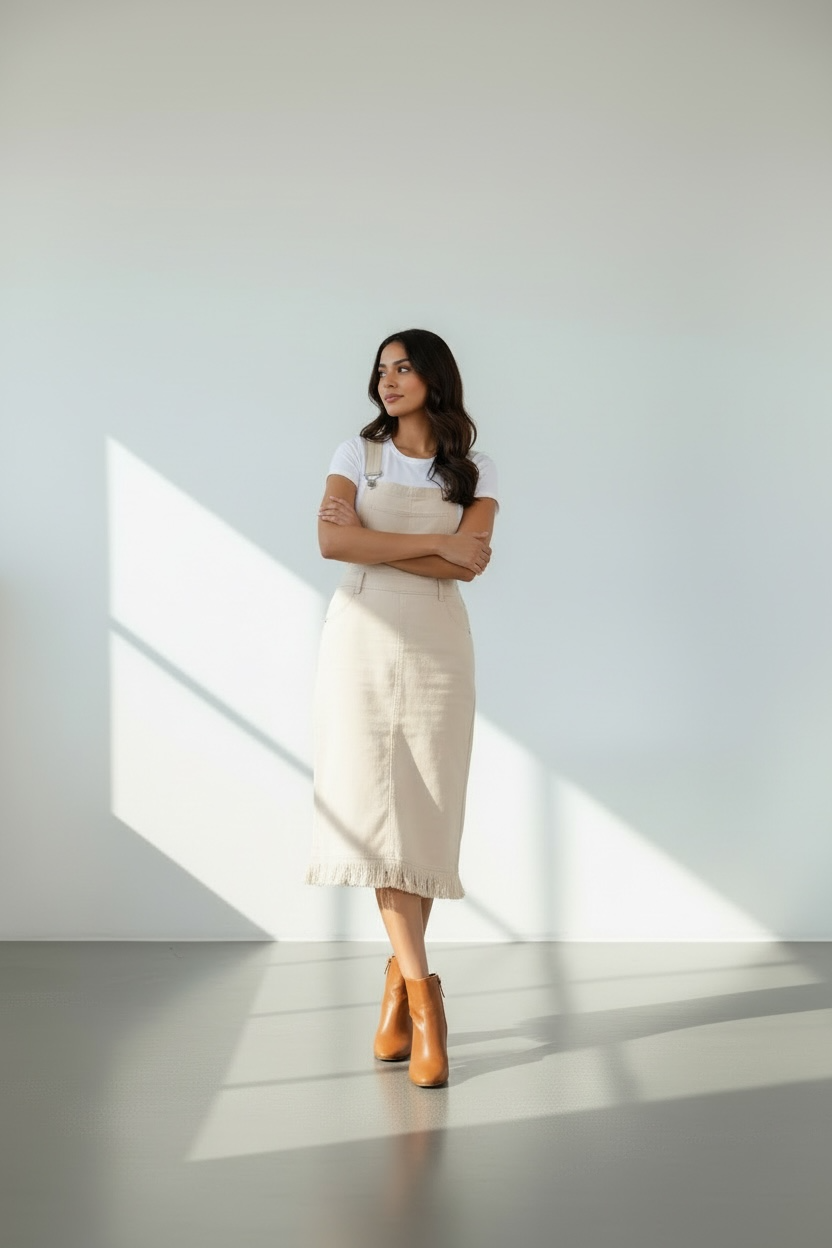 Desert Sand Denim Overall Midi Dress