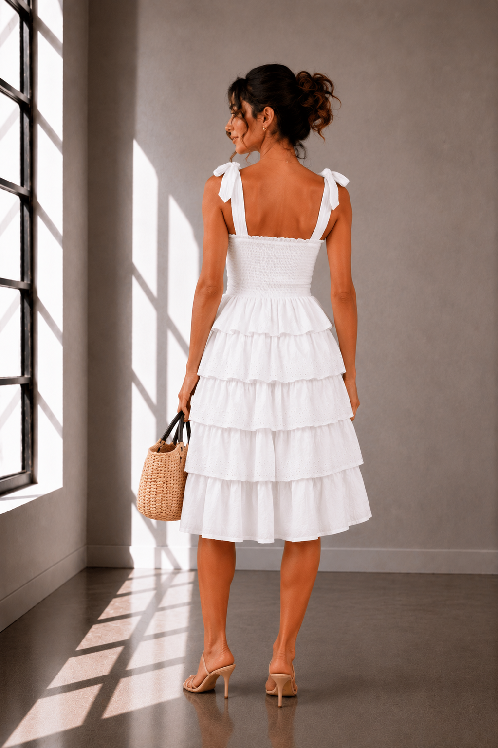 Isla Eyelet Smocked Midi Dress in white