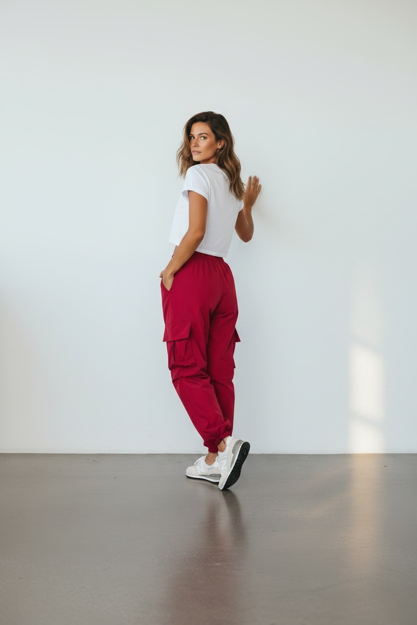 Parachute Ruched Cargo Jogger Pants in Berry