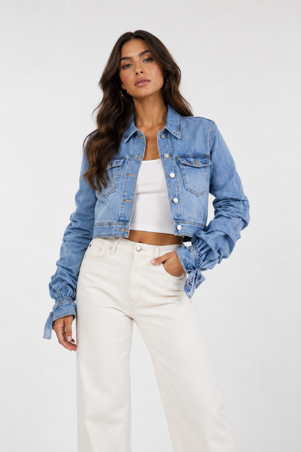 Light Wash Ruched Sleeve Cropped Dejim Jacket