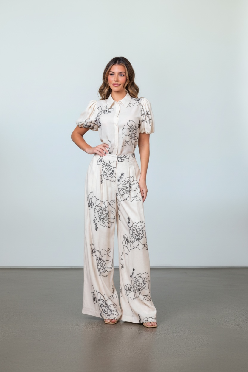 Sammy Embroidered Cream Floral Bubble sleeve Wide-Leg pants set