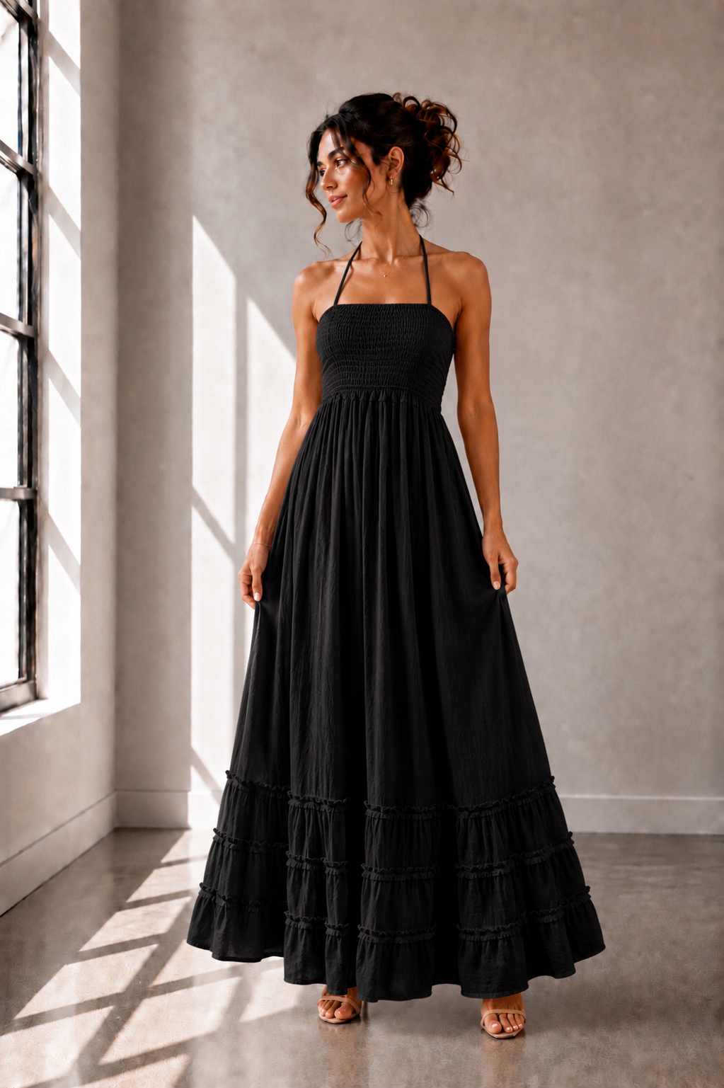 Midnight Muse Maxi Halter Open Back Dress in black