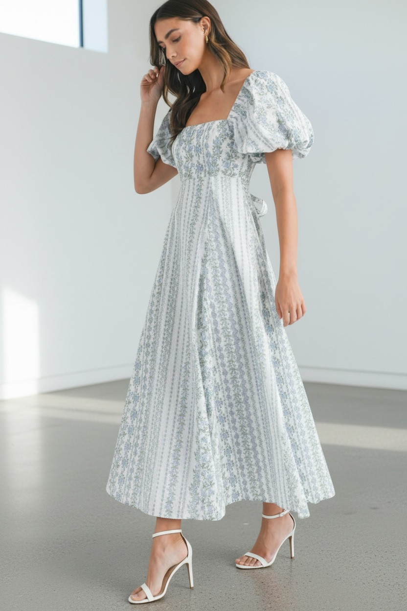 Lusy Floral Print Puff Sleeve Square Neck Midi Dress