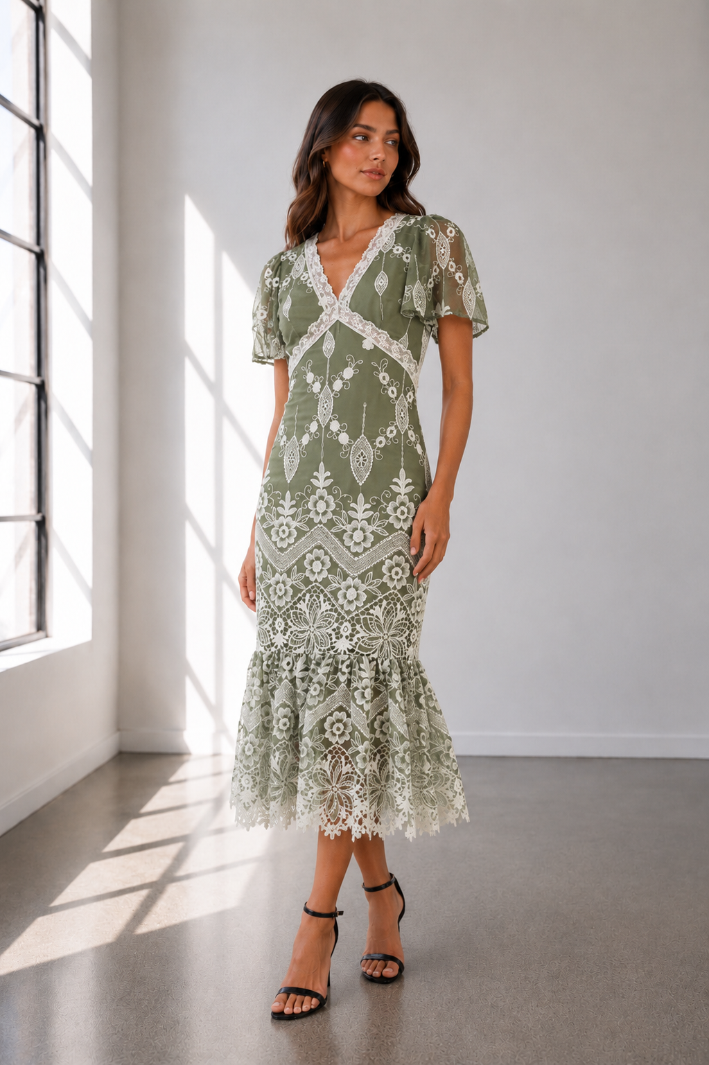 Sage Romance Lace Midi dress
