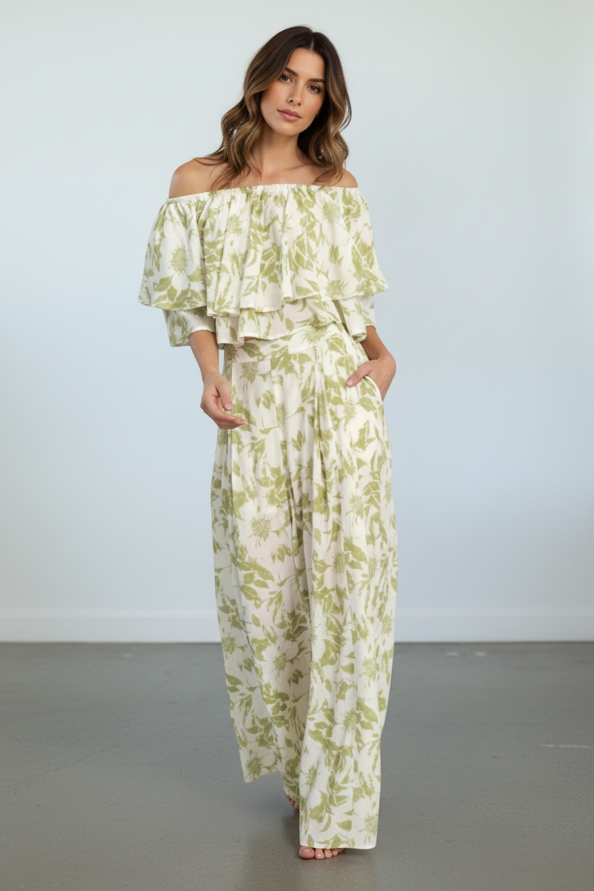 Sage Breeze Off-Shoulder Wide Leg Set
