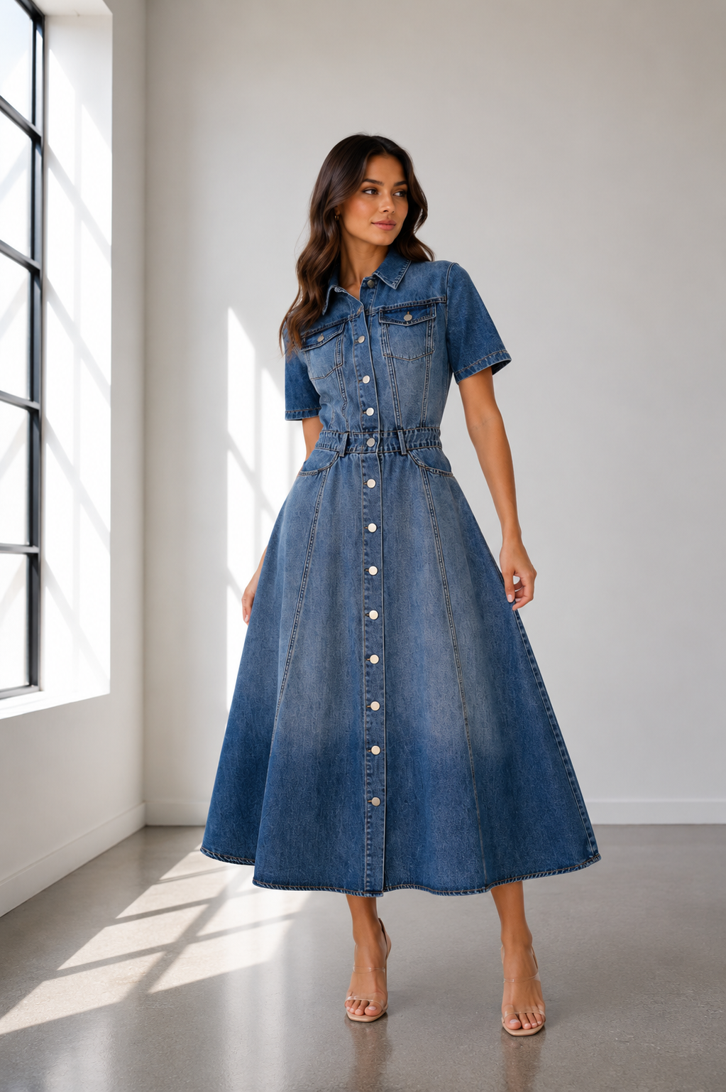 Harper Denim Button-Front Midi Dress