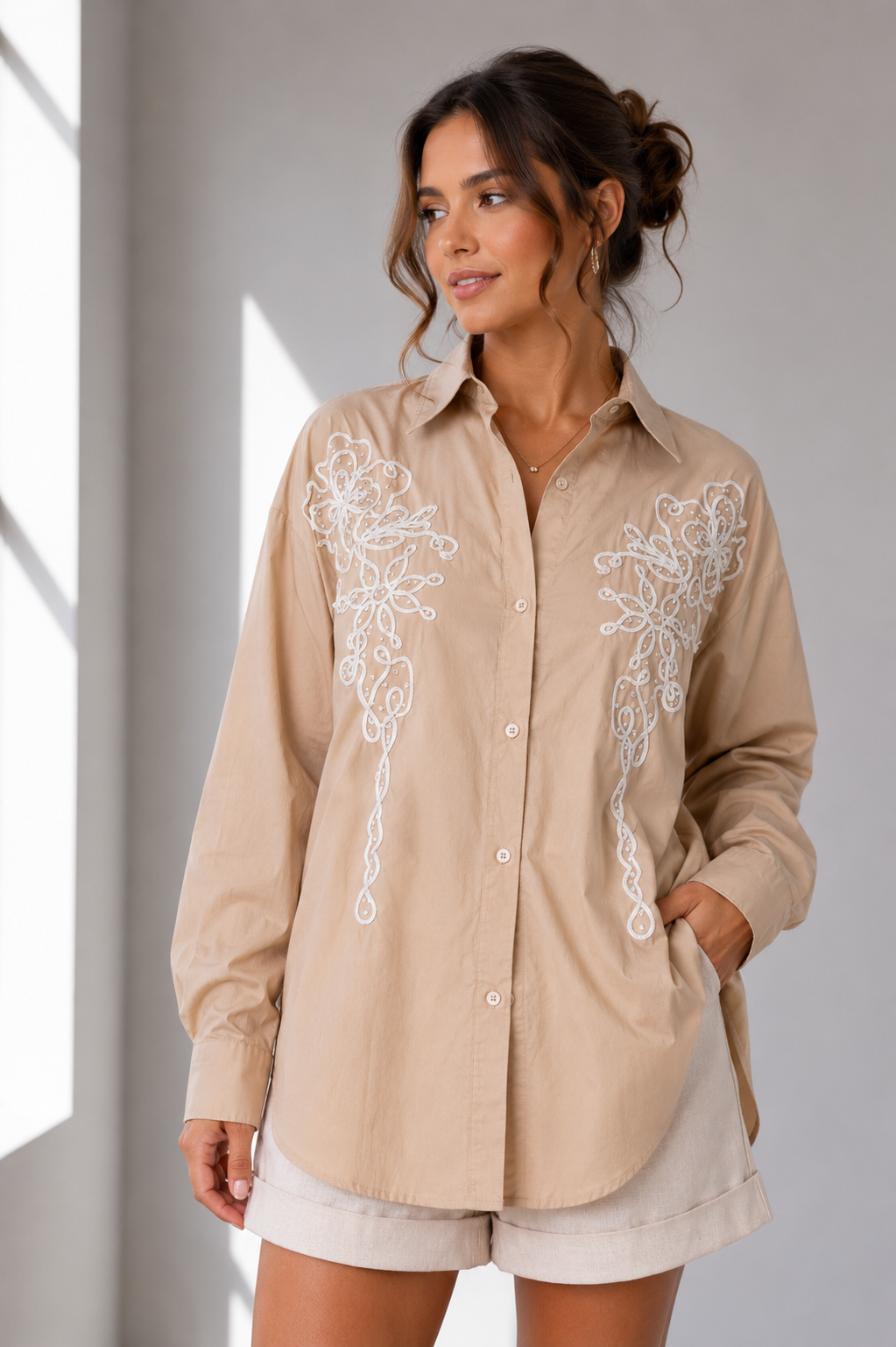 Pearl Detail Embroidered Cotton Button-Up Blouse