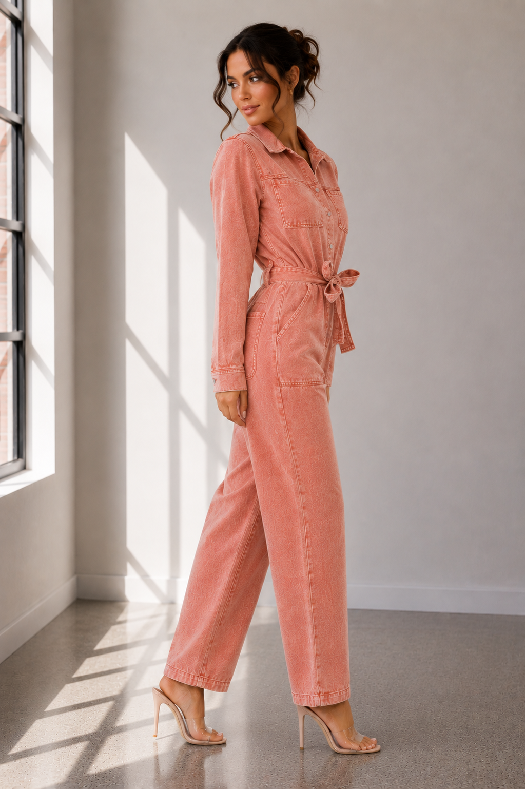 Dusty Rose Washed Denim Utility Jumpsuit