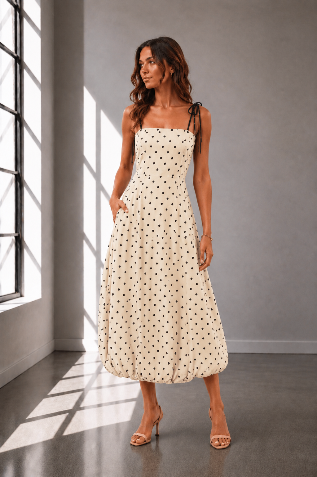 Monroe Polka Dot Maxi Dress in cream and blue