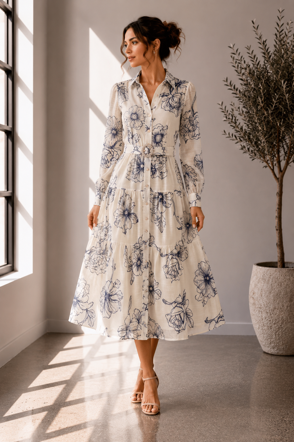 Blue Bloom Belted Midi Long Sleeve Dress