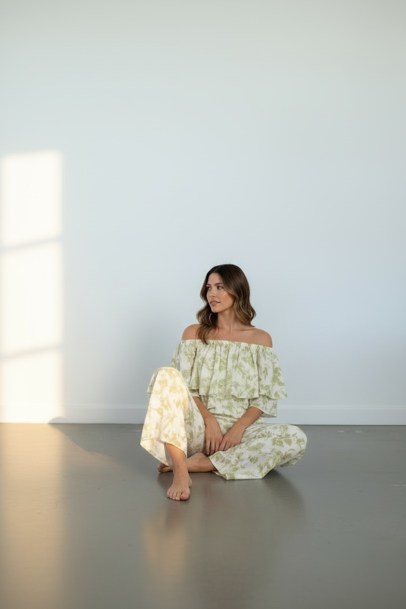 Sage Breeze Off-Shoulder Wide Leg Set