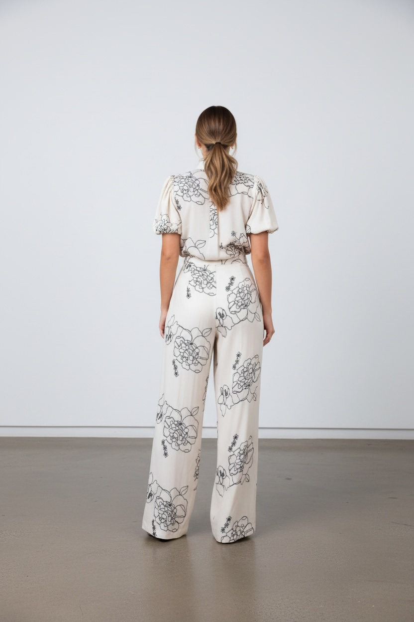 Sammy Embroidered Cream Floral Bubble sleeve Wide-Leg pants set