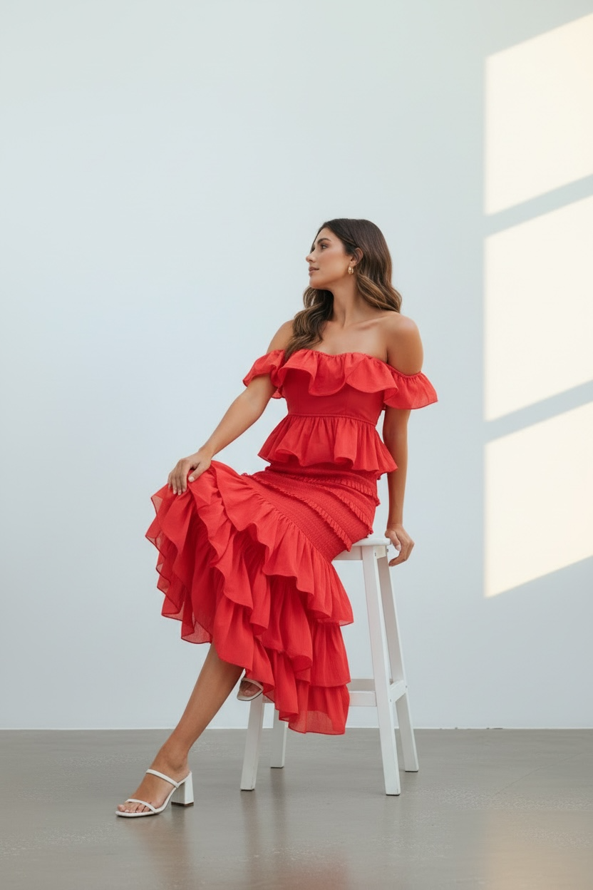 Scarlet Ruffle Off-Shoulder Two-Piece Skirt Set