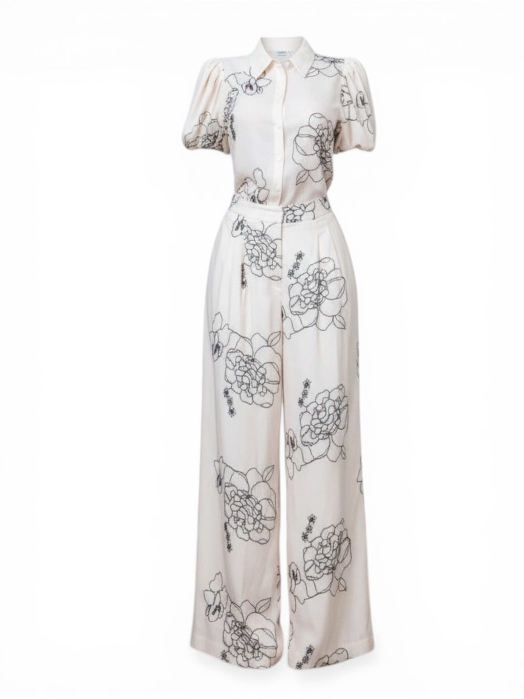 Sammy Embroidered Cream Floral Bubble sleeve Wide-Leg pants set
