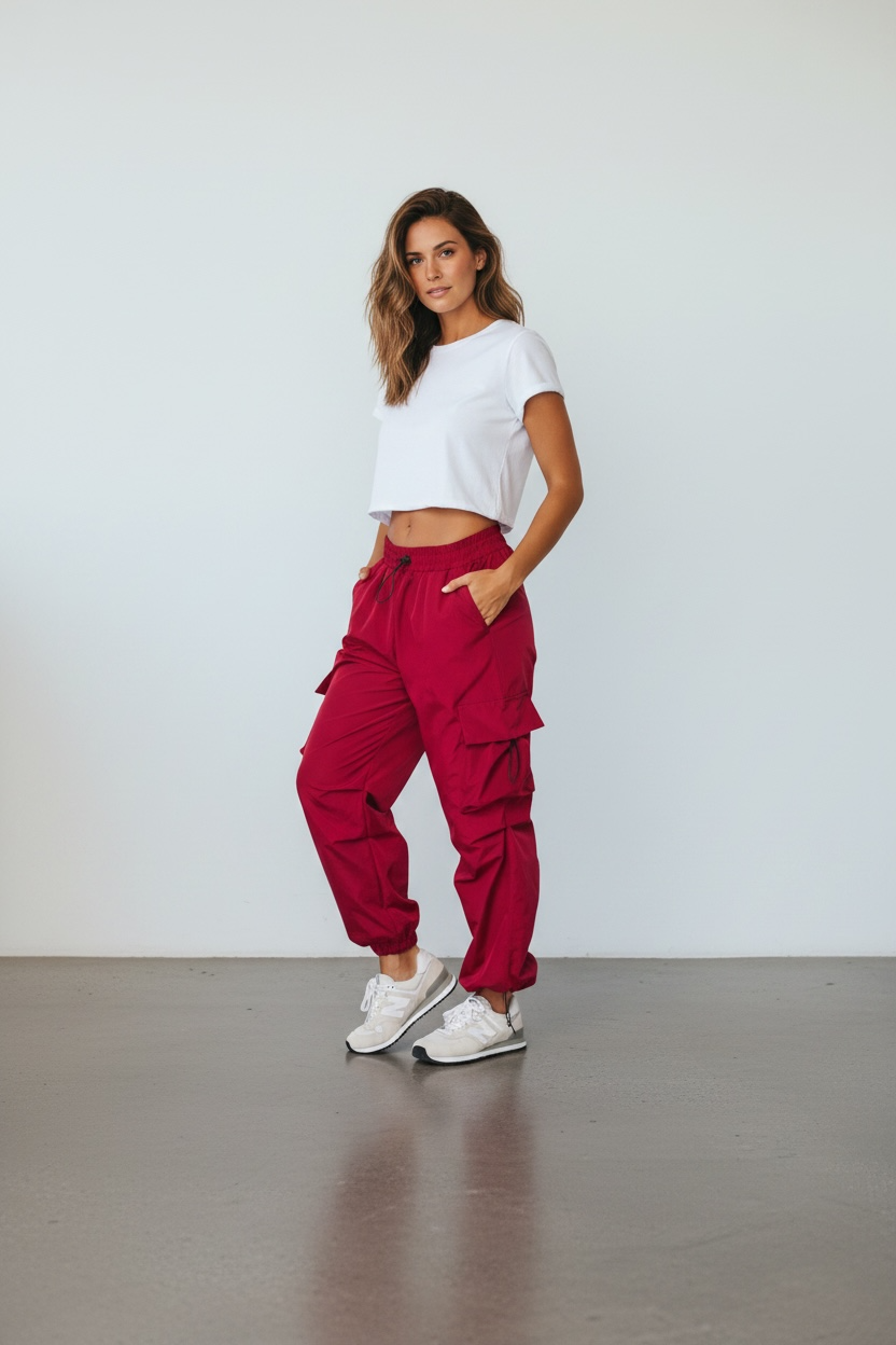 Parachute Ruched Cargo Jogger Pants in Berry