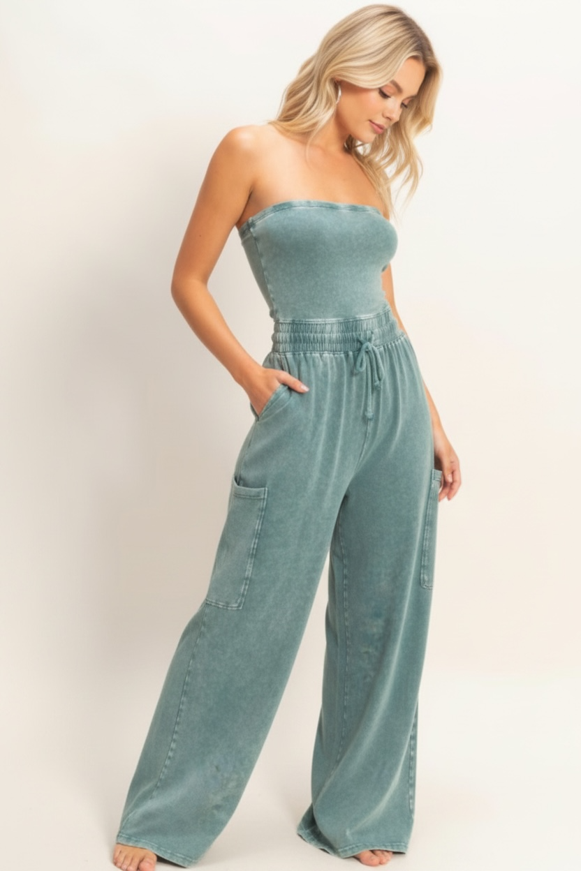 Mineral Wash Strapless Wide Leg Jumpsuit
