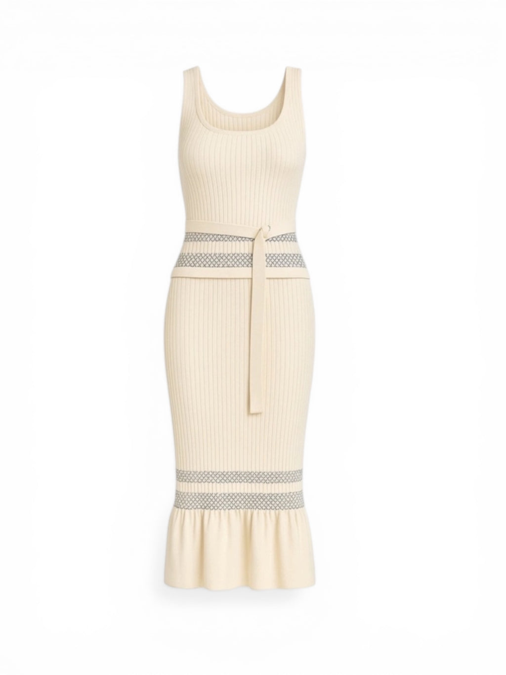 Luna Ivory Ribbed Knit Midi Dress with Waist Tie