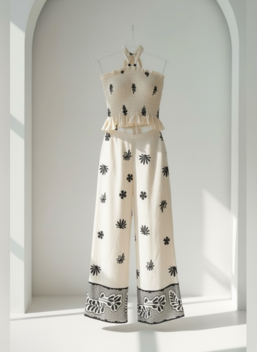 Lana Ivory Embroidered Cotton Smocked Two-Piece Pant Set