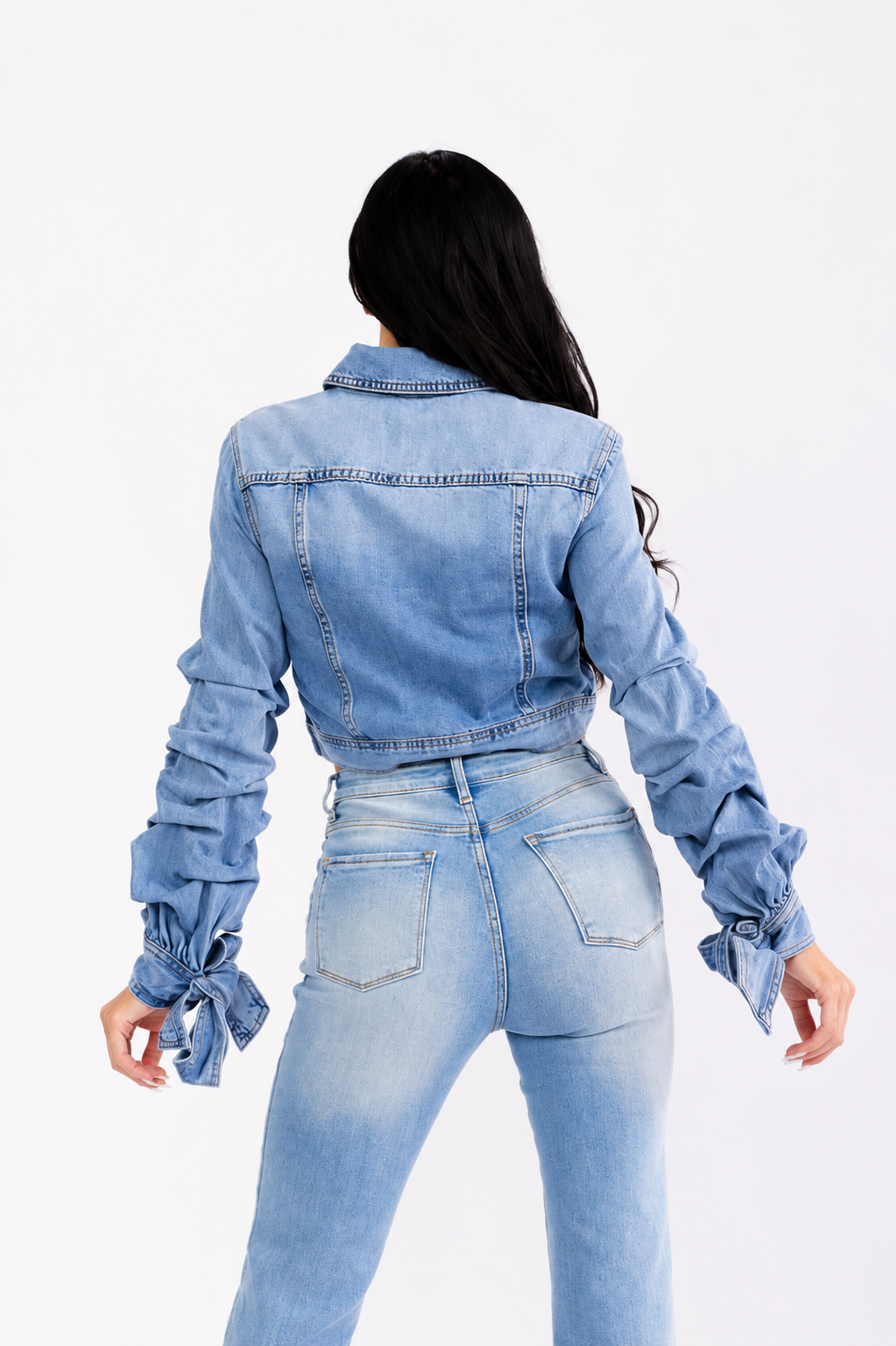Light Wash Ruched Sleeve Cropped Dejim Jacket