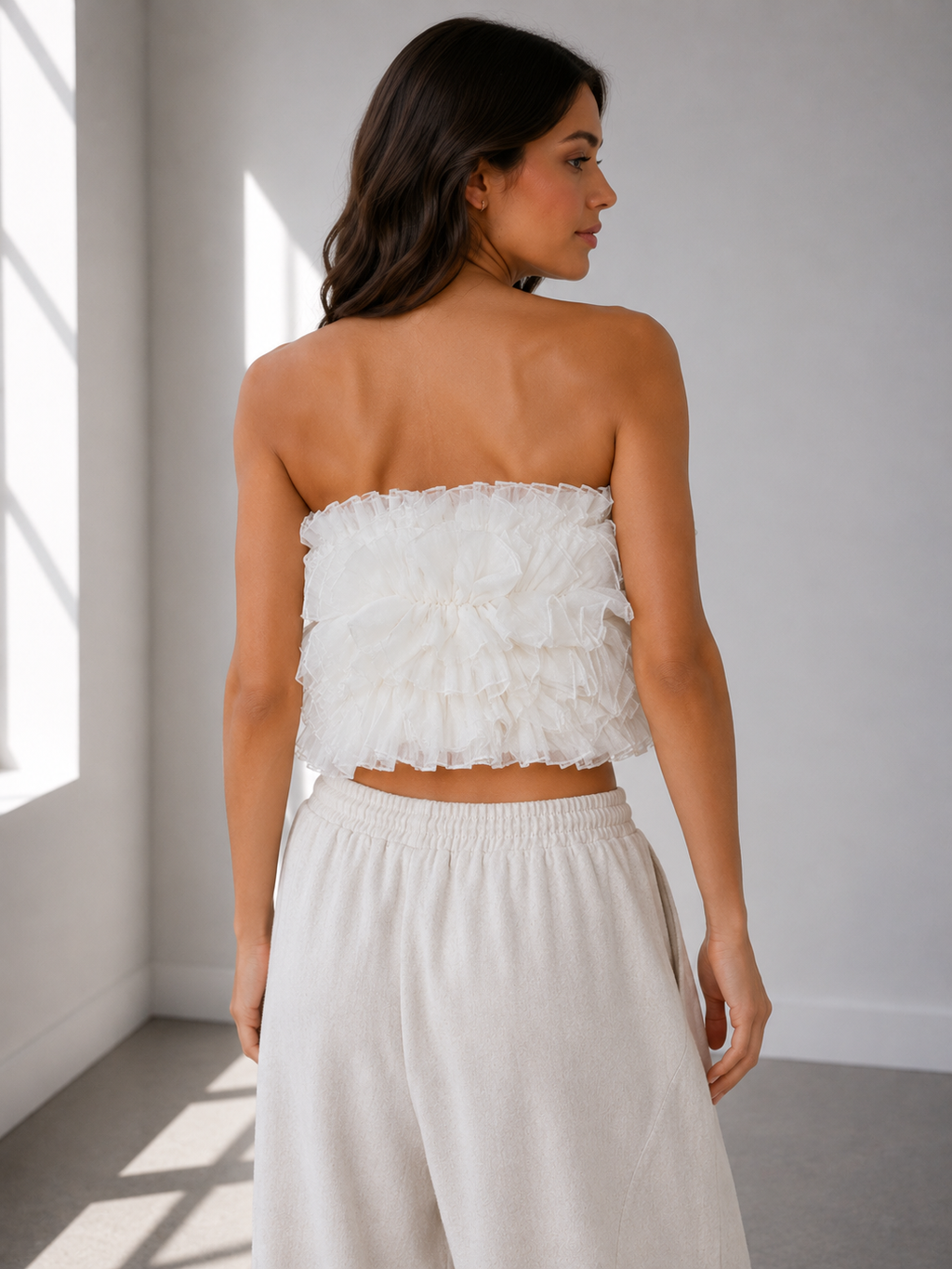 Cloud Bloom Ruffle Strapless Top