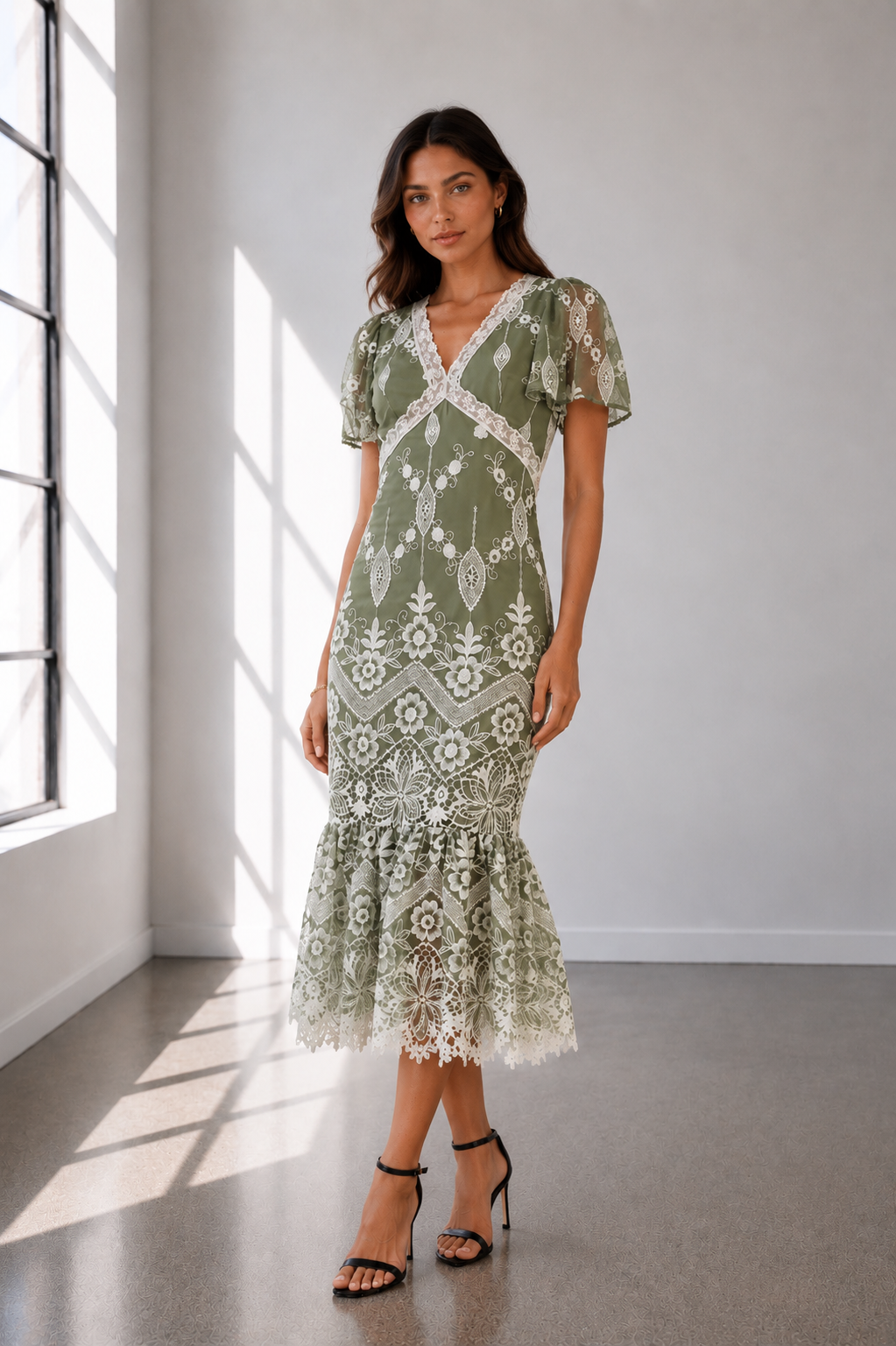 Sage Romance Lace Midi dress