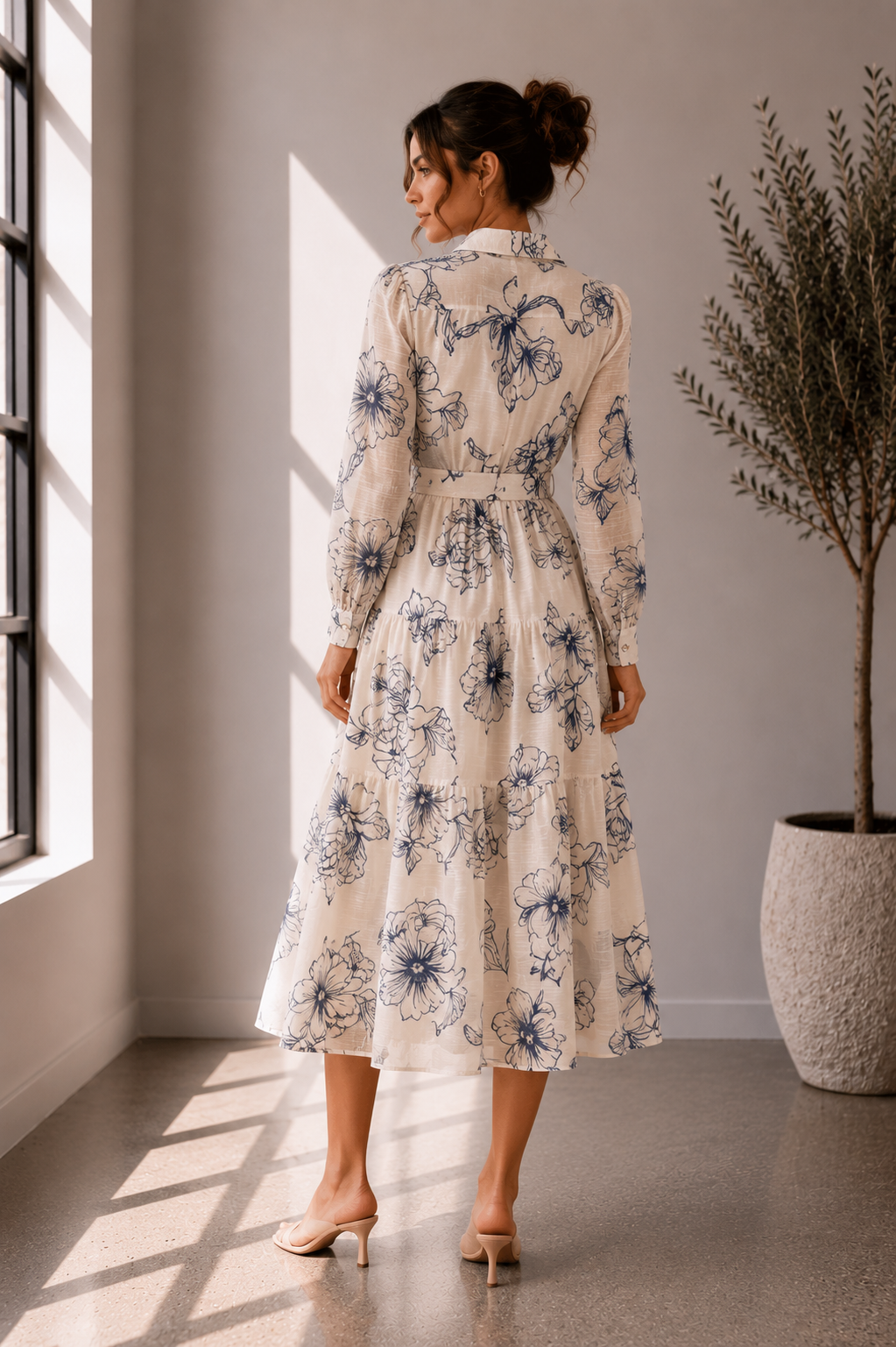 Blue Bloom Belted Midi Long Sleeve Dress