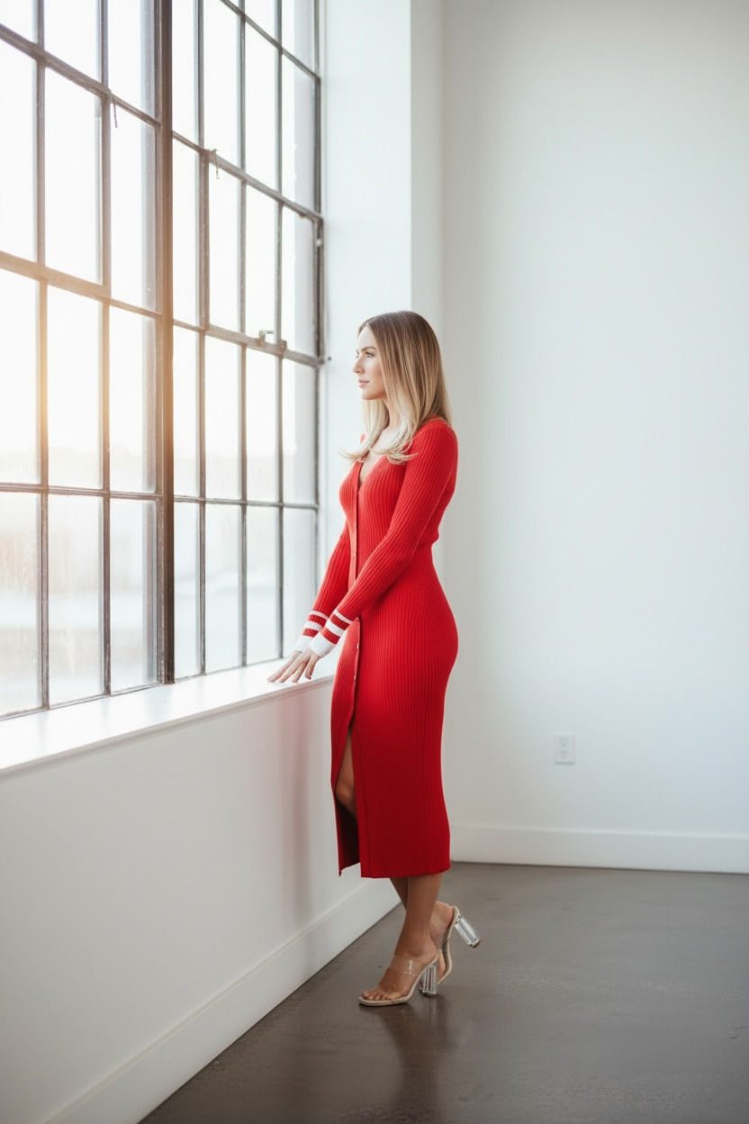 Polo Ribbed Knit Long Sleeve Dress – Classic Red