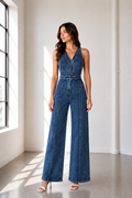 The Riviera Washed Denim Wide Leg V-neck Jumpsuit