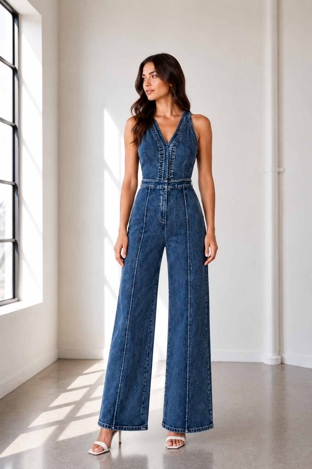 The Riviera Washed Denim Wide Leg V-neck Jumpsuit