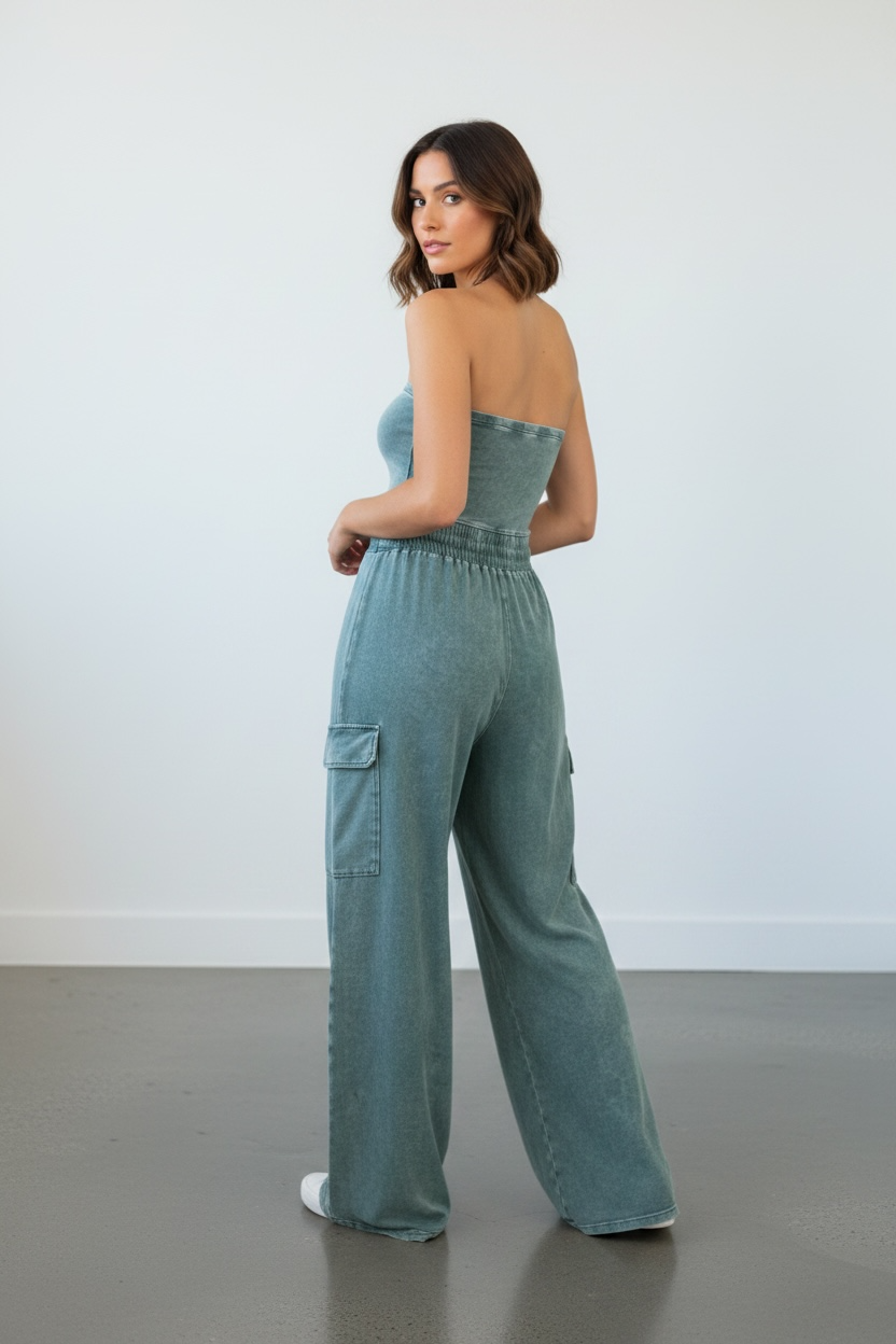 Mineral Wash Strapless Wide Leg Jumpsuit