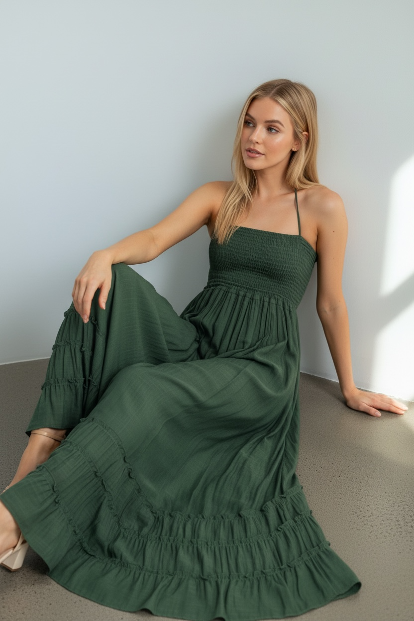 Una Emerald Breeze Smocked Maxi Dress