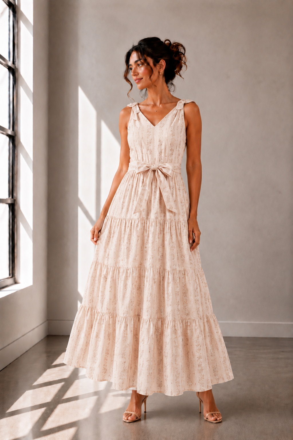 Blush Meadow Tiered Maxi Dress in cream/pink