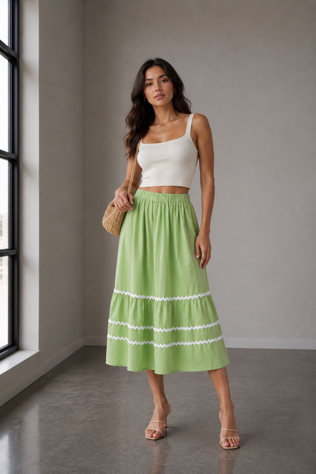 Light Green Tiered Midi Skirt with White Trim