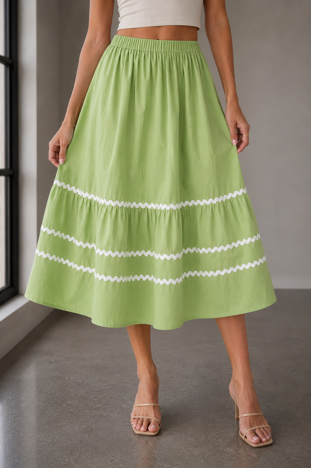 Light Green Tiered Midi Skirt with White Trim