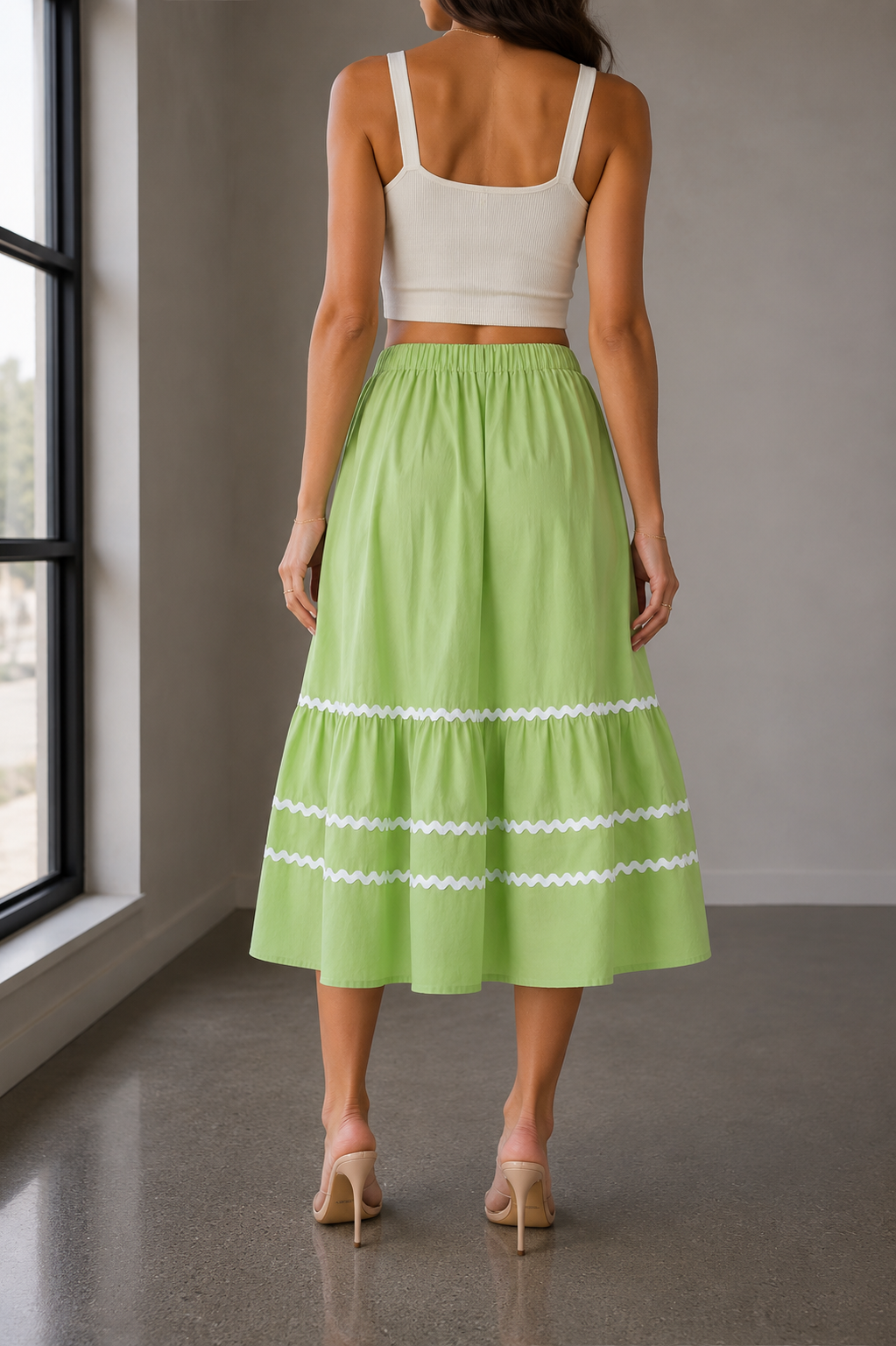 Light Green Tiered Midi Skirt with White Trim