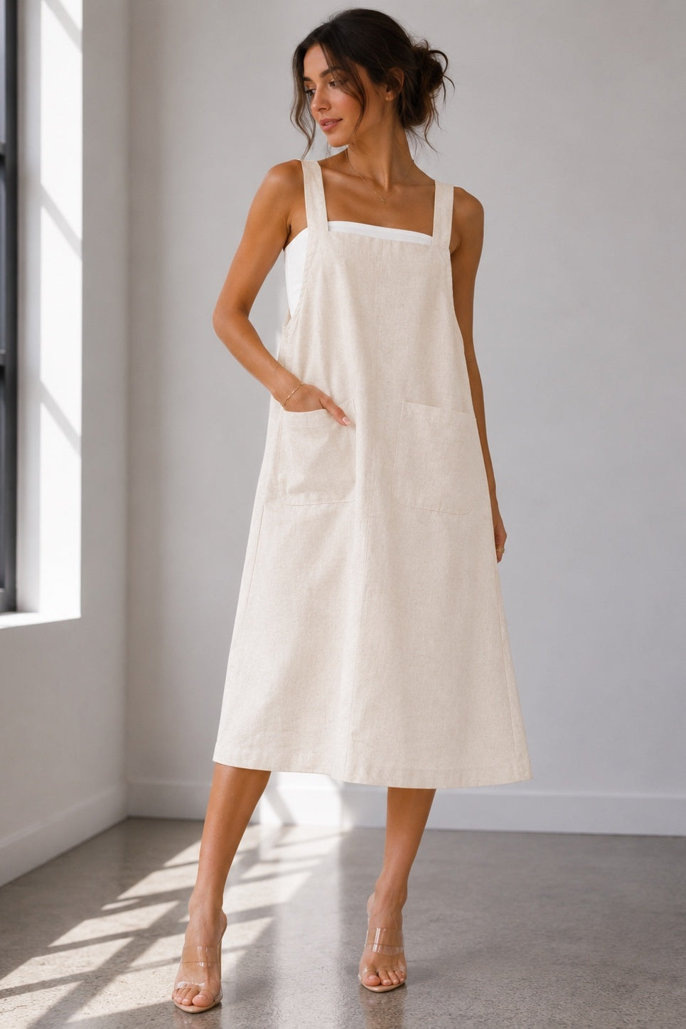 Coastal Ease Linen Blend Overall Midi Dress
