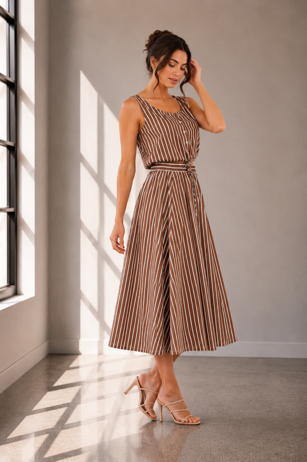 Mocha Stripe Cotton Two-Piece Maxi Skirt Set