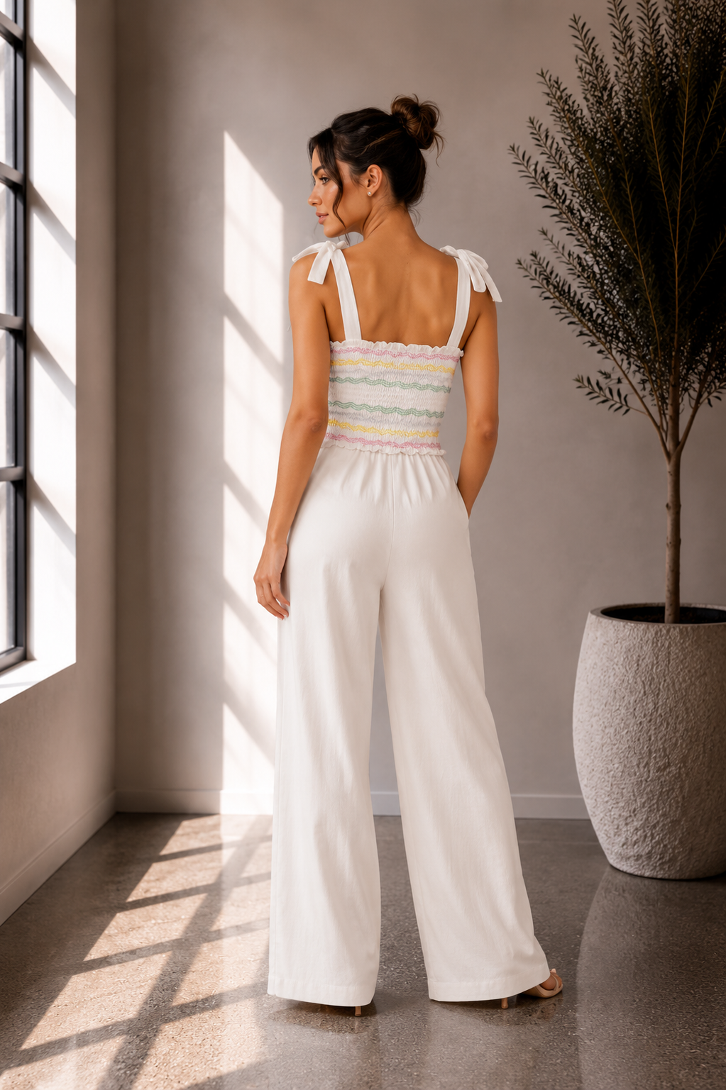 Pastel Smocked Linen Blend Jumpsuit
