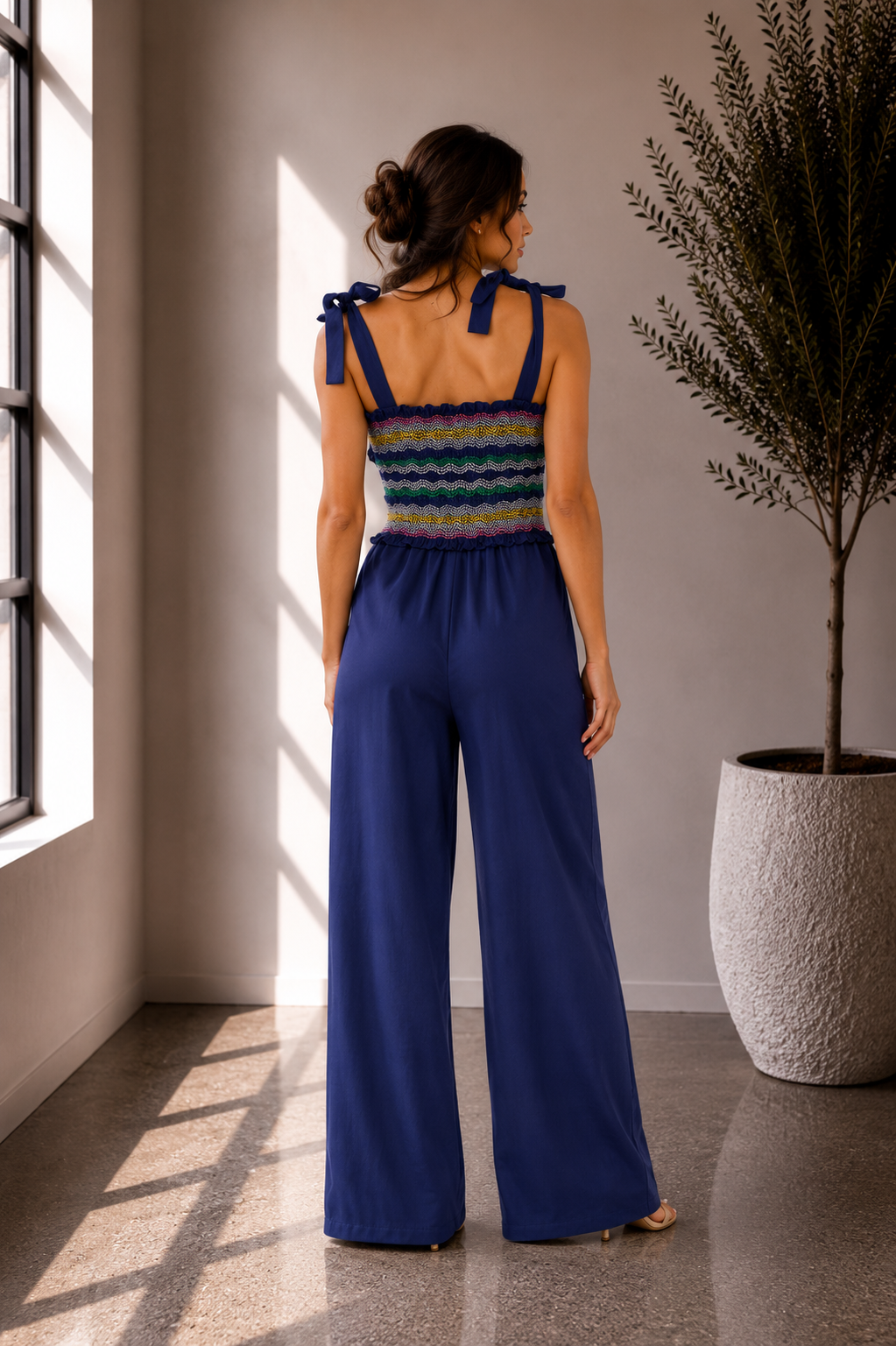 Midnight Smocked Linen Bland Wide-Leg Jumpsuit
