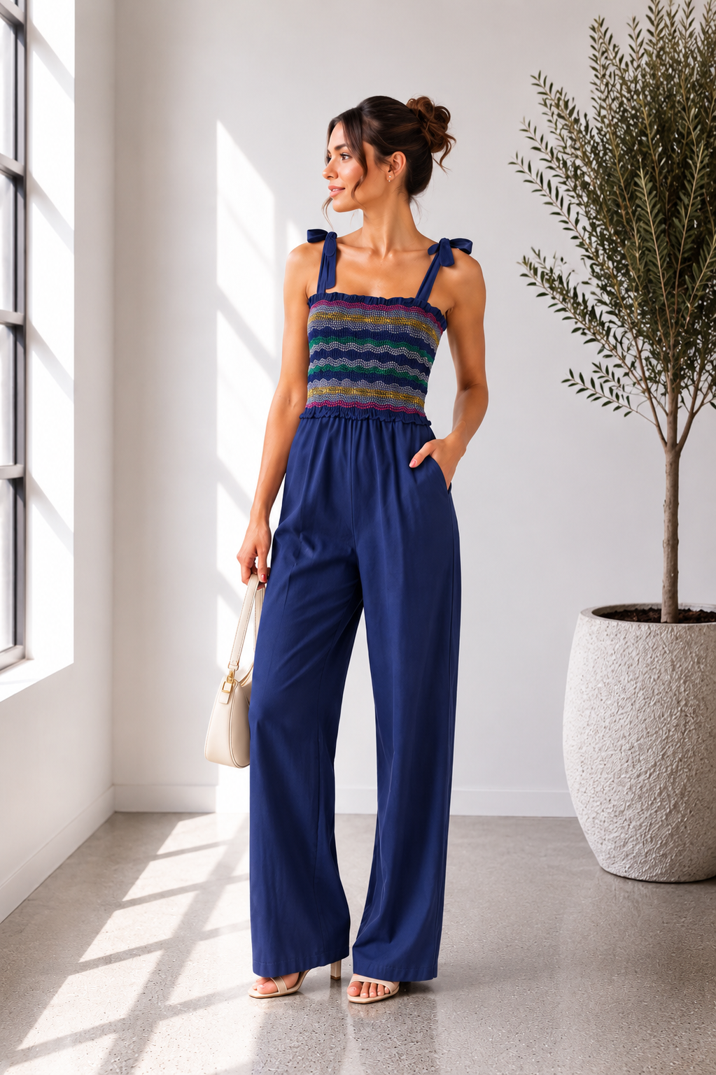 Midnight Smocked Linen Bland Wide-Leg Jumpsuit