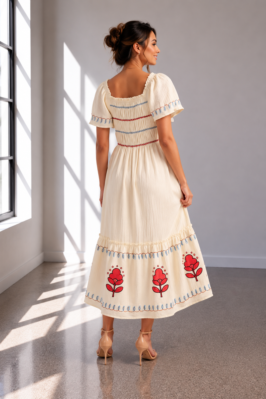 Embroidered Garden Charm Midi Dress with Pockets