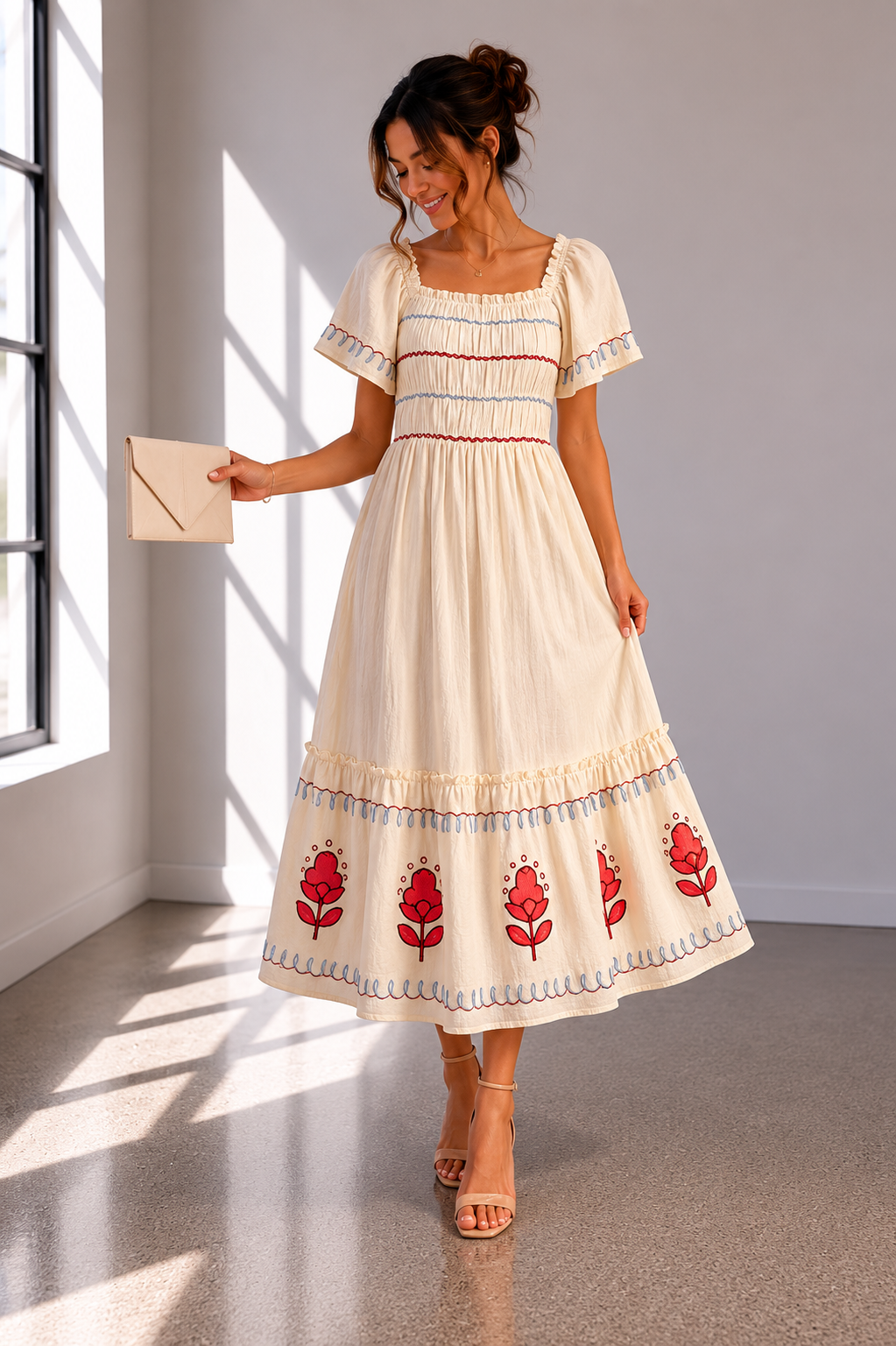 Embroidered Garden Charm Midi Dress with Pockets