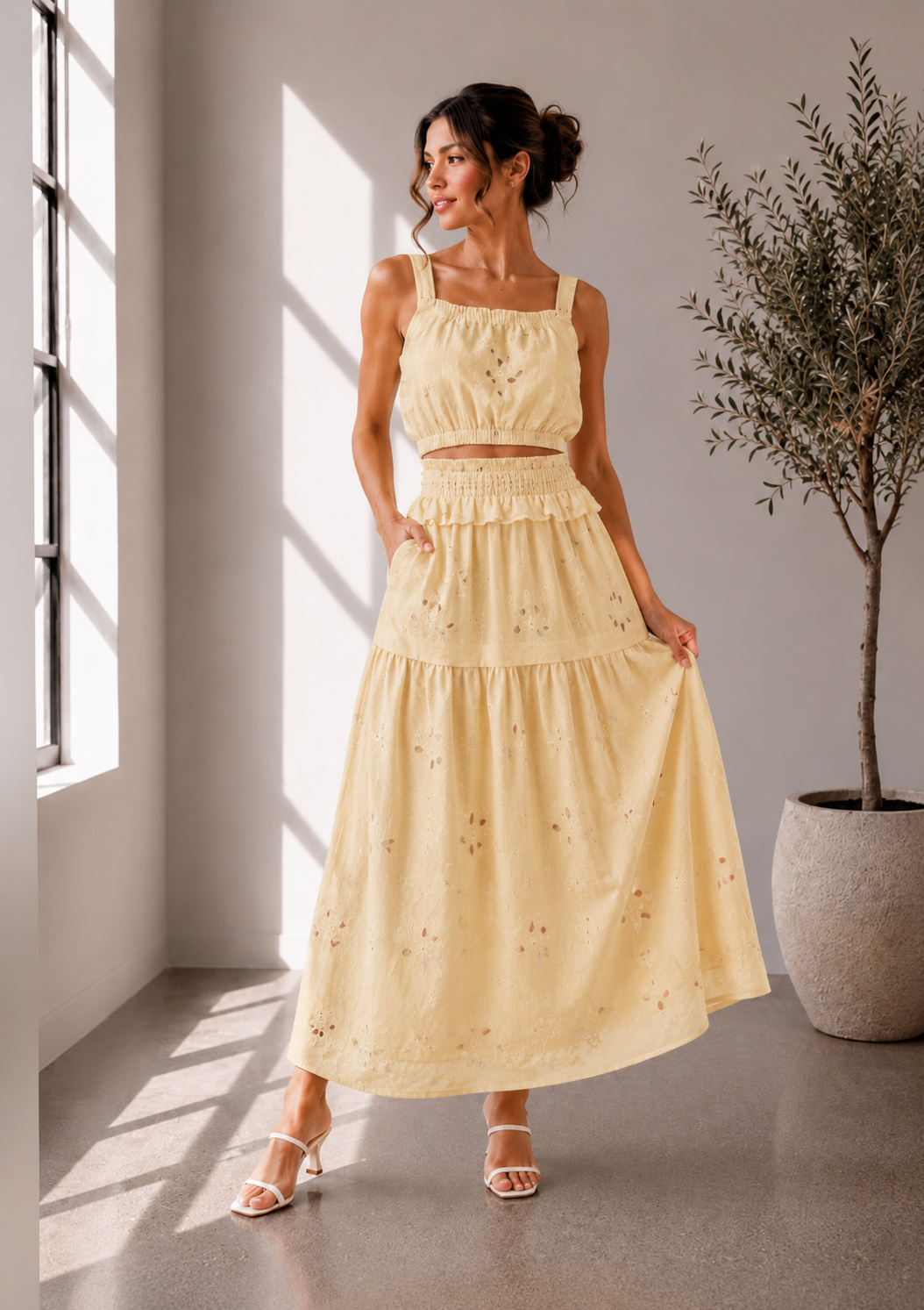 Sunlit Bloom Eyelet Maxi Skirt Set