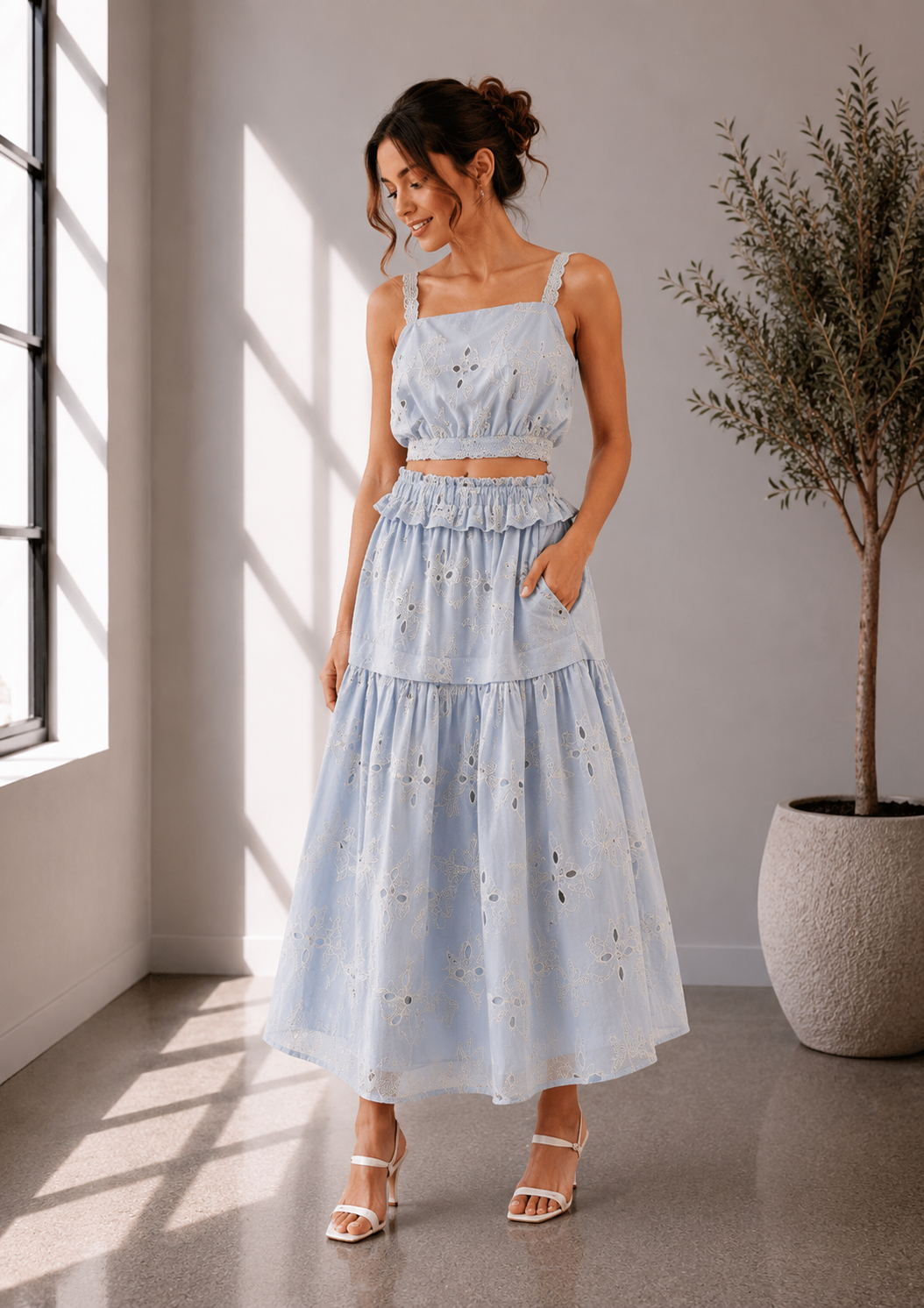 Blue Eyelet Embroidered Two-Piece Maxi Set