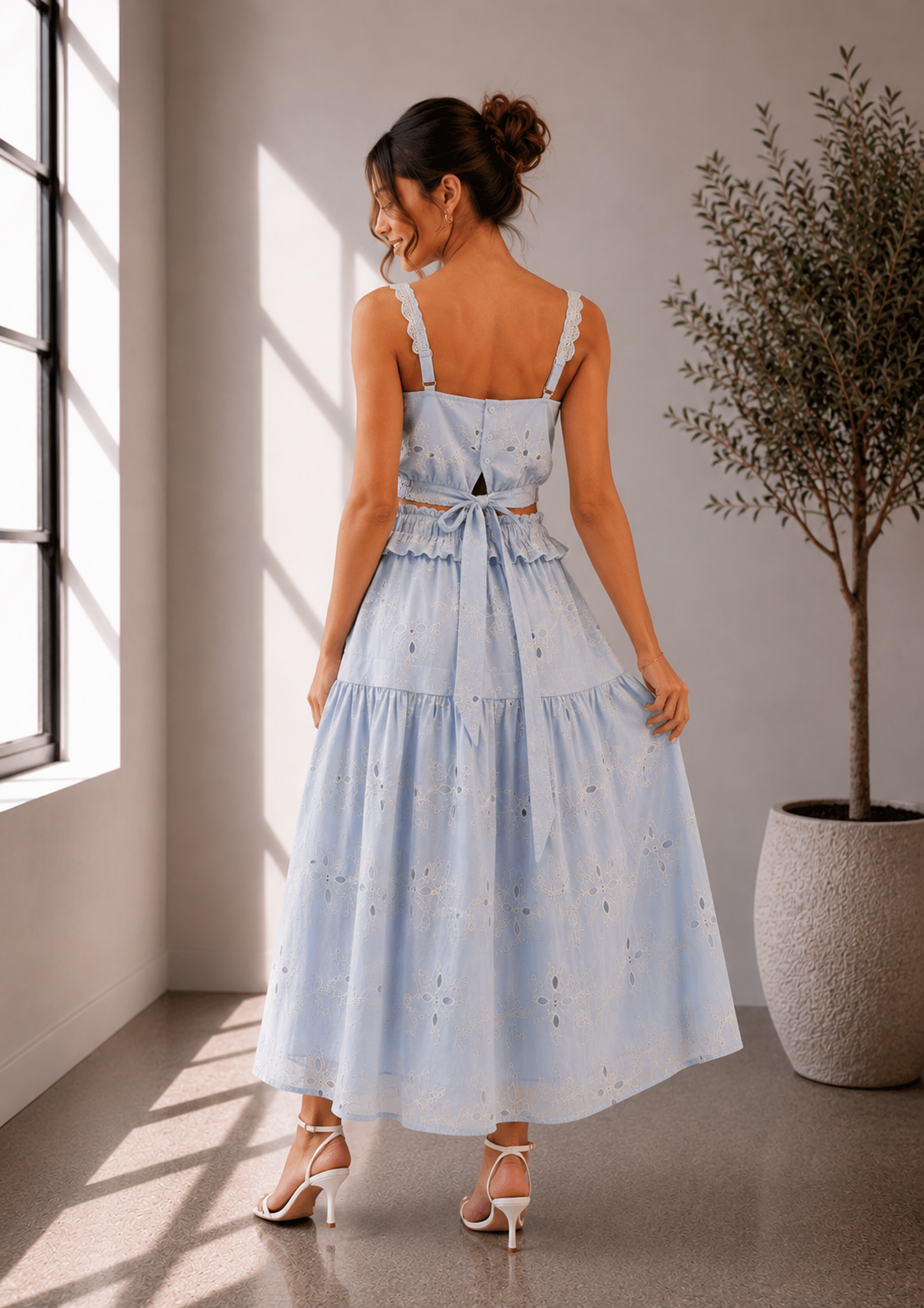 Blue Eyelet Embroidered Two-Piece Maxi Set