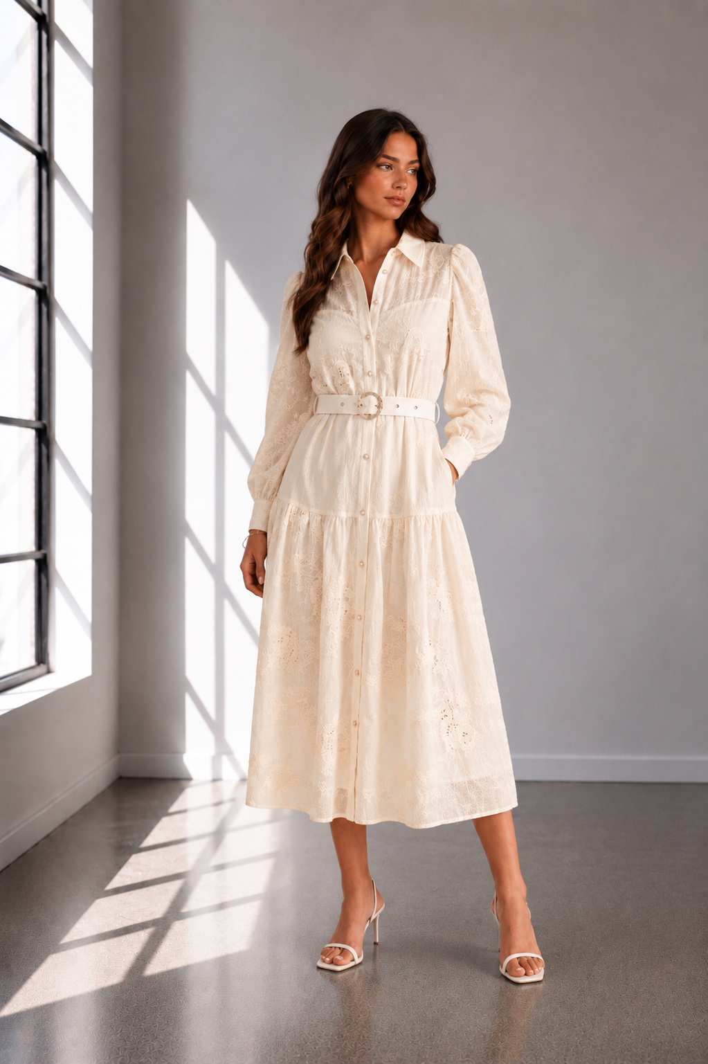 Eloise Embroidered Belted Midi Dress