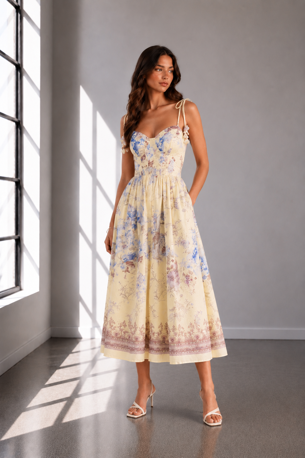 Porcelain Bloom Midi Floral Dress