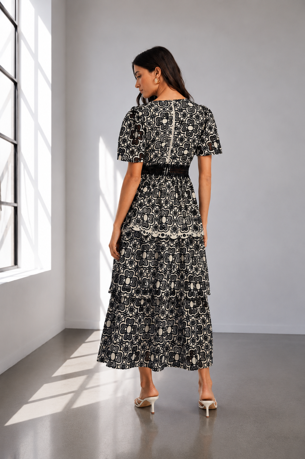 Monochrome Mosaic Tiered Maxi Dress