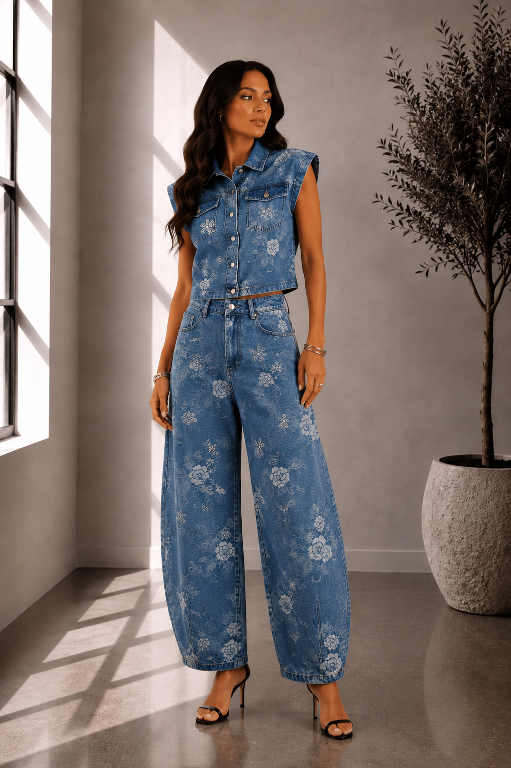Bloom Barrel Denim Two-Piece Set